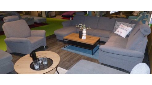 Ecksofa modulmaster aus Stoff in Grau Modulmaster MM-ZE1000 Ecksofa + Sessel - mit vielen Extras alufarbener Stoffbezug Vincent & Metallfüße - Stellmaß ca. 163 x 284 x 250 cm