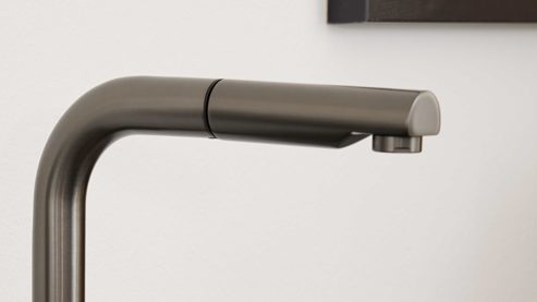 Einbauküche Interliving aus Holz in Dunkelgrau Interliving Küche Serie 3093 mit separater Homeoffice-Lösung Graphit & Eiche Venture - dreizeilig