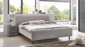 Bettgestell Meise.möbel aus Metall Stoff in Grau Polsterbettgestell PRIMO mit Lattenrost + Bettkasten hellgrauer Stoffbezug & schwarze Metallfüsse - Liegefläche ca. 180 x 200 cm