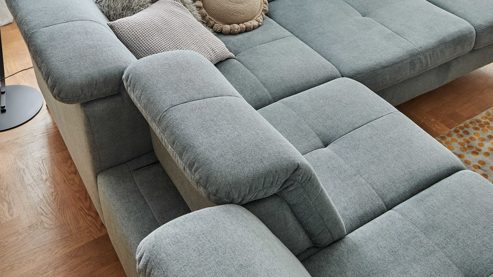 Ecksofa modulmaster aus Stoff in Blau Modulmaster Serie MM-MP1206 - Ecksofa stahlfarbenes Flachgewebe Cyber & schwarze Metallfüße – Stellfläche ca. 353 x 255 cm
