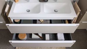 Waschtisch-Set / Waschbecken-Set Interliving aus Holz in Beige Interliving Bad Serie 3710 - Waschplatzlösung mit Doppelwaschbecken Macchiato & Weiß - Länge ca. 120 cm