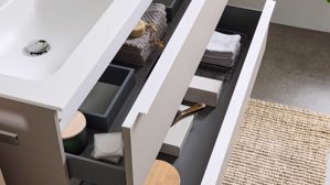 Waschtisch-Set / Waschbecken-Set Interliving aus Holz in Beige Interliving Bad Serie 3710 - Waschplatzlösung mit Doppelwaschbecken Macchiato & Weiß - Länge ca. 120 cm