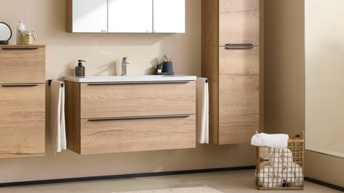 Waschtisch-Set / Waschbecken-Set Interliving aus Holz in Holzfarben Interliving Bad Serie 3715 - Waschplatzlösung mit Keramikbecken Eiche Sierra & Weiß - Länge ca. 100 cm