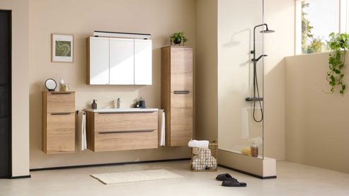 Badmöbel-Set Interliving aus Holz in Holzfarben Interliving Bad Serie 3730 - Badmöbel-Set mit Keramikbecken Eiche Sierra & Weiß