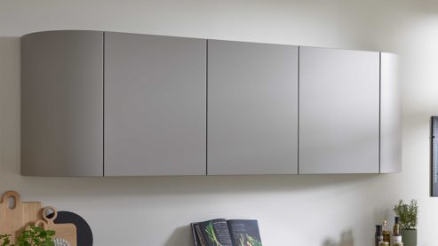 Einbauküche WERT KÜCHE® aus Holz in Grau WERT KÜCHE® Christin mit AEG Einbaugeräten Kaschmirbraun & Sandeiche – zweiteilig