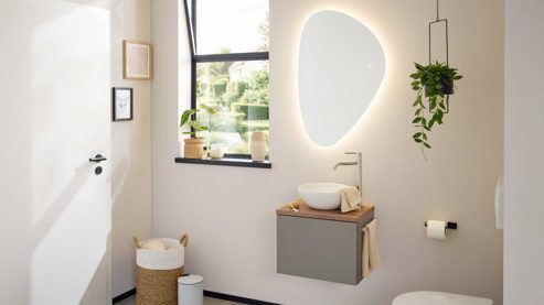 Badmöbel-Set Interliving aus Holz in Grau Interliving Bad Serie 3715 - Gästebadmöbel Taupegrau, Viking Oak & Weiß - eine Tür, Breite ca. 50 cm