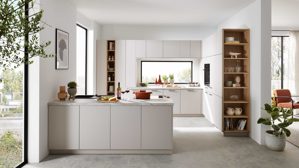 Einbauküche WERT KÜCHE® aus Holz in Hellgrau WERT KÜCHE® Matteo mit Einbaugeräten Sandgrau & Sandeiche - zweiteilig