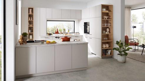 Einbauküche WERT KÜCHE® aus Holz in Hellgrau WERT KÜCHE® Matteo mit Einbaugeräten Sandgrau & Sandeiche - zweiteilig