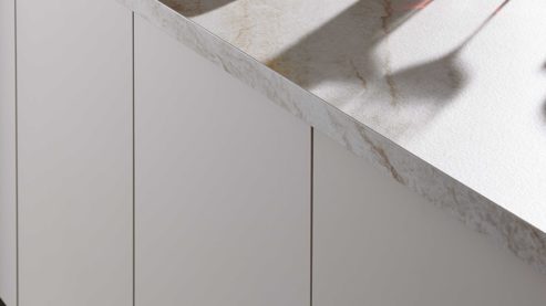 Einbauküche WERT KÜCHE® aus Holz in Hellgrau WERT KÜCHE® Matteo mit Einbaugeräten Sandgrau & Sandeiche - zweiteilig