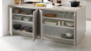 Einbauküche WERT KÜCHE® aus Holz in Hellgrau WERT KÜCHE® Matteo mit Einbaugeräten Sandgrau & Sandeiche - zweiteilig