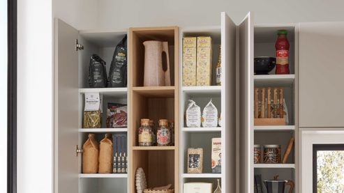 Einbauküche WERT KÜCHE® aus Holz in Hellgrau WERT KÜCHE® Matteo mit Einbaugeräten Sandgrau & Sandeiche - zweiteilig