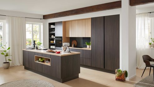 Einbauküche WERT KÜCHE® aus Holz in Holzfarben WERT KÜCHE® Vanessa mit gorenje Einbaugeräten Eiche Siena & Sandeiche - zweiteilig