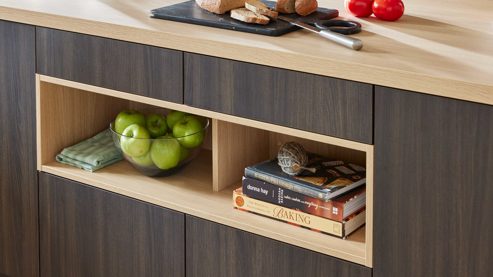 Einbauküche WERT KÜCHE® aus Holz in Holzfarben WERT KÜCHE® Vanessa mit gorenje Einbaugeräten Eiche Siena & Sandeiche - zweiteilig