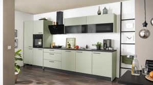 Einbauküche Express küchen aus Holz in Hellgrün EXPRESS KÜCHEN Einbauküche Clean mit Einbaugeräten Salbeigrün & Schwarz  - Länge ca. 390 cm