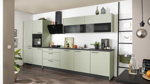 Einbauküche Express küchen aus Holz in Hellgrün EXPRESS KÜCHEN Einbauküche Clean mit Einbaugeräten Salbeigrün & Schwarz  - Länge ca. 390 cm