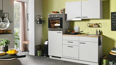 Einbauküche Express küchen aus Holz in Hellgrau EXPRESS KÜCHEN Mini-Einbauküche Win mit Geräten Hellgrau & rustikale Eiche - Länge ca. 180 cm