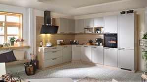 Einbauküche Express küchen aus Holz in Hellgrau EXPRESS KÜCHEN Einbauküche Home mit Elektrogeräten Cremegrau & Eiche natur - Stellfläche ca. 250 x 330 cm