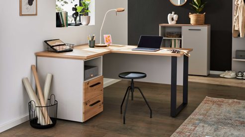 Komplettzimmer Interliving aus Holz in Hellgrau Interliving Jugendzimmer Serie 1702 - Jugendzimmermöbel als komplettes Set Sandgrau & Artisan Eiche - Liegefläche ca. 120 x 200 cm