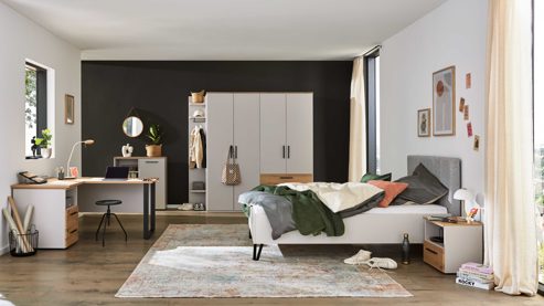 Komplettzimmer Interliving aus Holz in Hellgrau Interliving Jugendzimmer Serie 1702 - Jugendzimmermöbel als komplettes Set Sandgrau & Artisan Eiche - Liegefläche ca. 120 x 200 cm