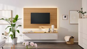 Wohnwand Interliving aus Holz in Holzfarben Interliving Wohnzimmer Serie 2035 - TV-Wand beiger Mattlack & Eiche - zweiteilig, Länge ca. 200 cm