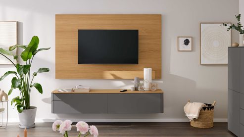 Wohnwand Interliving aus Holz in Dunkelgrau Interliving Wohnzimmer Serie 2035 - TV-Wand dunkelgrauer Mattlack & Eiche - zweiteilig, Länge ca. 200 cm