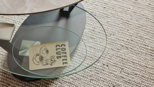 Couchtisch Interliving aus Keramik in Beige Interliving Couchtisch Serie 6230 travertinfarbene Keramik & Klarglas - 95 - 150 x 60 cm