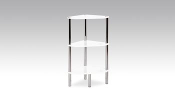 Eckregal Haku aus MDF Metall in Weiß Eckregal, ein Kleinmöbel für moderne Wohnlandschaften weiße Kunststoffoberfläche & Chrom - drei Böden, Höhe ca. 77 cm