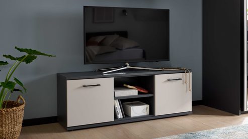 Lowboard Interliving aus Holz in Grau Interliving Jugendzimmer Serie 1701 - Lowboard Dunkelgrau & Sandgrau - zwei Türen, zwei Fächer