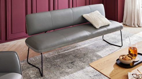 Polsterbank Interliving aus Leder in Grau Interliving Esszimmer Serie 5116 – Polsterbank graue Cord-Lederkombination Fo-Sh & schwarzes Gestell 10 - Länge ca. 200 cm