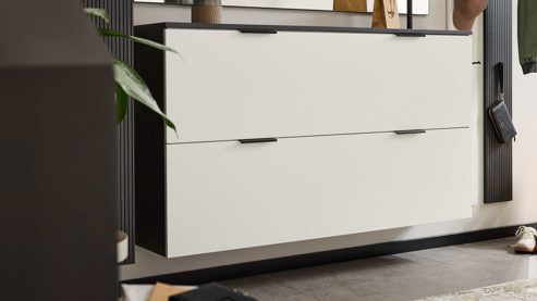 Schuhschrank Interliving aus Holz in Weiß Interliving Garderobe Serie 6015 - Schuhschrank Mattweiß & Mooreiche - zwei Klappen, Breite ca. 160 cm