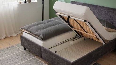 Polsterbett Interliving aus Stoff in Anthrazit Interliving Bettensystem Serie 1420 - Polsterbett anthrazitfarbener Bezug Vera & schwarze Holzfüße W016-15 - Liegefläche ca. 180 x 200 cm