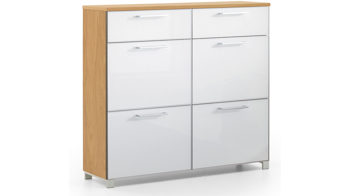 Schuhschrank Voss möebel aus Glas in Weiß VOSS MÖBEL Schuhschrank Santina als Dielenmöbel Eiche Bianco & taupefarbenes Glas – zwei Schubladen, vier Klappen