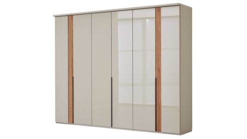 Komplettzimmer Interliving aus Holz in Hellgrau Interliving Schlafzimmer Serie 1035 – Komplettzimmer mit Polster-Bettanlage und Kommode Webstoff Sahara, Champagner & Riffholz - Liegefläche ca. 180 x 200 cm