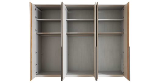 Komplettzimmer Interliving aus Holz in Hellgrau Interliving Schlafzimmer Serie 1035 – Komplettzimmer mit Polster-Bettanlage und Kommode Webstoff Sahara, Champagner & Riffholz - Liegefläche ca. 180 x 200 cm