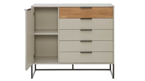 Kombikommode Interliving aus Holz in Hellgrau Interliving Schlafzimmer Serie 1035 – Kombikommode Champagner & Riffholz - eine Tür, fünf Schubladen, ca. 120 cm