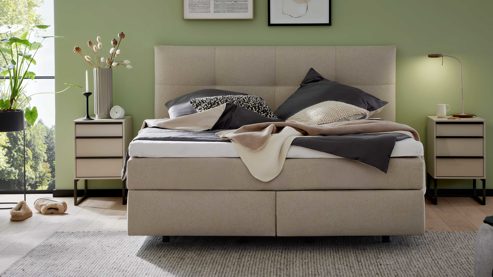 Boxspringbett Interliving aus Stoff in Beige Interliving Boxspringbett Serie 1421 leinenfarbener Stoffbezug Kolga 110 - Liegefläche ca. 180 x 200 cm