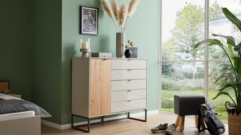 Kombikommode Interliving aus Holz in Hellgrau Interliving Schlafzimmer Serie 1036 – Kombikommode Champagner & Kernholz - eine Tür, fünf Schubladen, ca. 120 cm