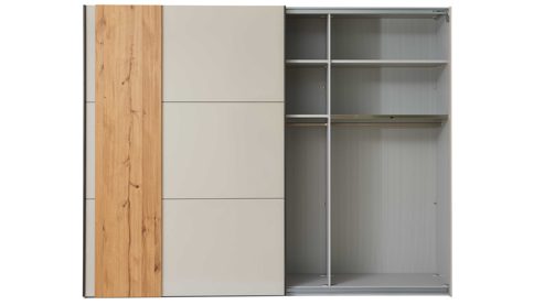 Kleiderschrank Interliving aus Holz in Hellgrau Interliving Schlafzimmer Serie 1036 – Schwebetürenschrank Champagner & Kernholz - zwei Türen, ca. 300 cm