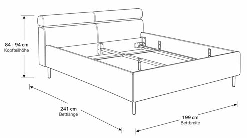 Bettgestell Interliving aus Stoff in Hellgrau Interliving Polsterbett Serie 1422 - Polsterbettgestell hellgrauer Bezug Cloud & schwarze Metallfüße 428 - Liegefläche ca. 180 x 200 cm