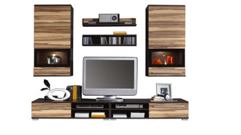 Wohnwand Easyfurn aus Holz Nachbildung in Holzfarben Dunkel Braun Wohnwand JAZZ inkl. 2 Vitrinen Baltimore Walnut J7.955.78, Korpus Wenge, Nachb., Front Baltimor Walnut, Nachb., Glasrahmen Lack Schwarz