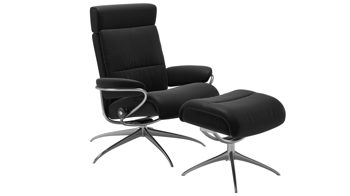 Sessel Ekornes aus Leder in Schwarz Silber Stressless TOKYO M Star Low Back Sessel mit Kopfstütze und Hocker Star Chrom, Medium, Leder Paloma Black