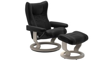 Sessel Ekornes aus Leder in Holzfarben Hell Schwarz Stressless WING M Classic Relax-Sessel und Hocker Leder Classic White-wash, Medium, Leder Batick Black