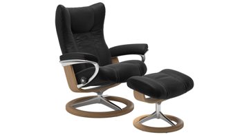 Sessel Ekornes aus Leder in Schwarz Holzfarben Stressless WING M Signature Relax-Sessel und Hocker Leder Signature Oak, Medium, Leder Paloma Black