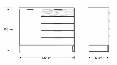 Kombikommode Interliving aus Holz in Hellgrau Interliving Schlafzimmer Serie 1035 – Kombikommode Champagner & Riffholz - eine Tür, fünf Schubladen, ca. 120 cm
