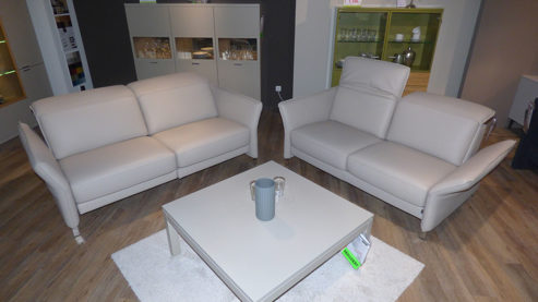 Sofa-Set Erpo aus Leder Metall in Beige Grau ERPO Polstergarnitur Avantgarde 965, 2x Ledersofa beige-graues Leder & hochglänzende verchromte Kufe - 2,5-Sitzer + 2-Sitzer