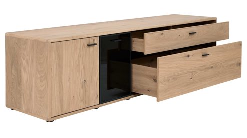 Wohnwand Interliving aus Holz in Holzfarben Interliving Wohnzimmer Serie 2024 - Wohnwand Eiche & Schwarzglas - dreiteilig, Breite ca. 319 cm