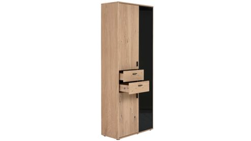 Wohnwand Interliving aus Holz in Holzfarben Interliving Wohnzimmer Serie 2024 - Wohnwand Eiche & Schwarzglas - dreiteilig, Breite ca. 299 cm