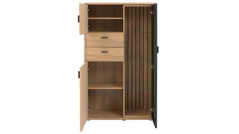 Highboard Interliving aus Holz in Holzfarben Interliving Wohnzimmer Serie 2024 - Highboard Eiche & Schwarzglas - drei Türen, zwei Schubladen