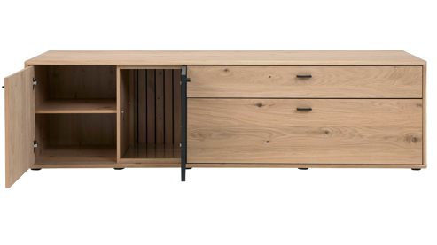 Wohnwand Interliving aus Holz in Holzfarben Interliving Wohnzimmer Serie 2024 - Wohnwand Eiche & Schwarzglas - dreiteilig, Breite ca. 319 cm