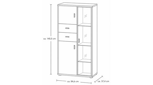 Highboard Interliving aus Holz in Holzfarben Interliving Wohnzimmer Serie 2024 - Highboard Eiche & Schwarzglas - drei Türen, zwei Schubladen